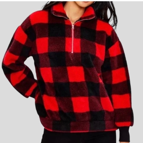 New! Loft Women’s Sherpa Quarter Zip Red and Black Buffalo Plaid Sweatshirt - Picture 1 of 15